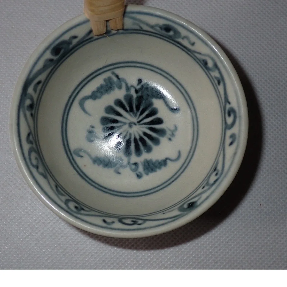 Vintage Blue and White Ceramic Water Ladle with Bamboo Handle